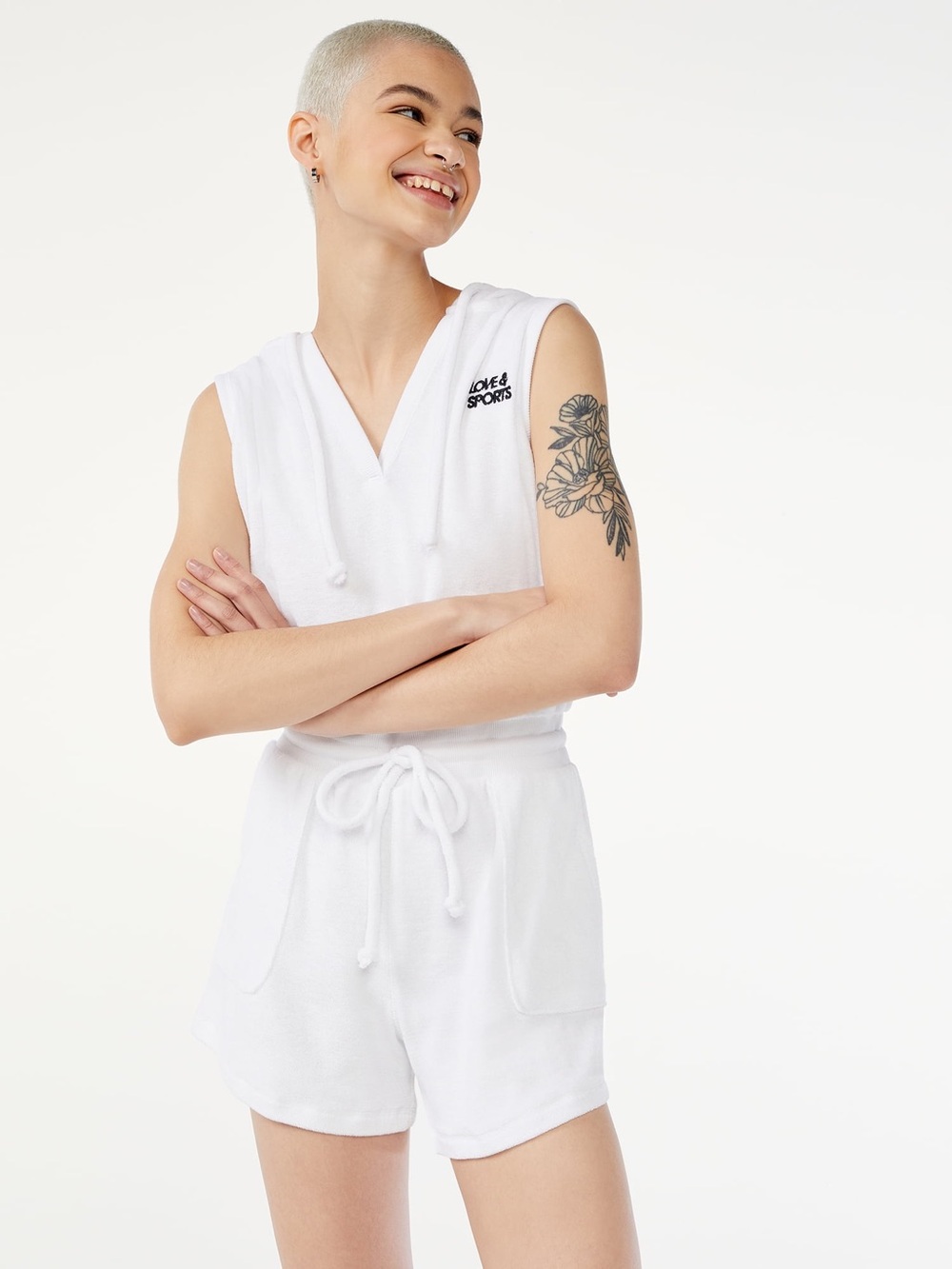 White Hooded Terry Romper - One Piece